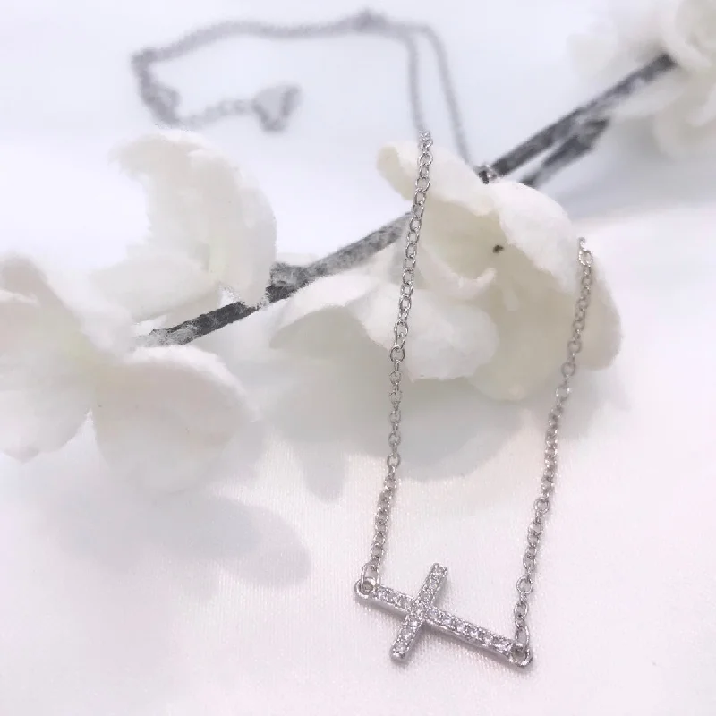 Delicate Silver Necklaces-925 Sterling Silver Sideways CZ Cross Necklace