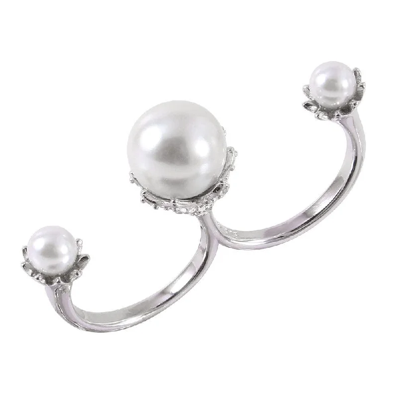 Custom Rings for Men-Silver 925 Rhodium Plated Two Finger Open Ring with 3 White Synthetic Pearls - BGR00981