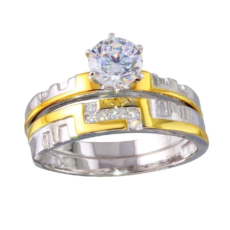 Antique Diamond Wedding Rings-Two-Tone 925 Sterling Silver Stackable CZ Double Rings - GMR00260RG