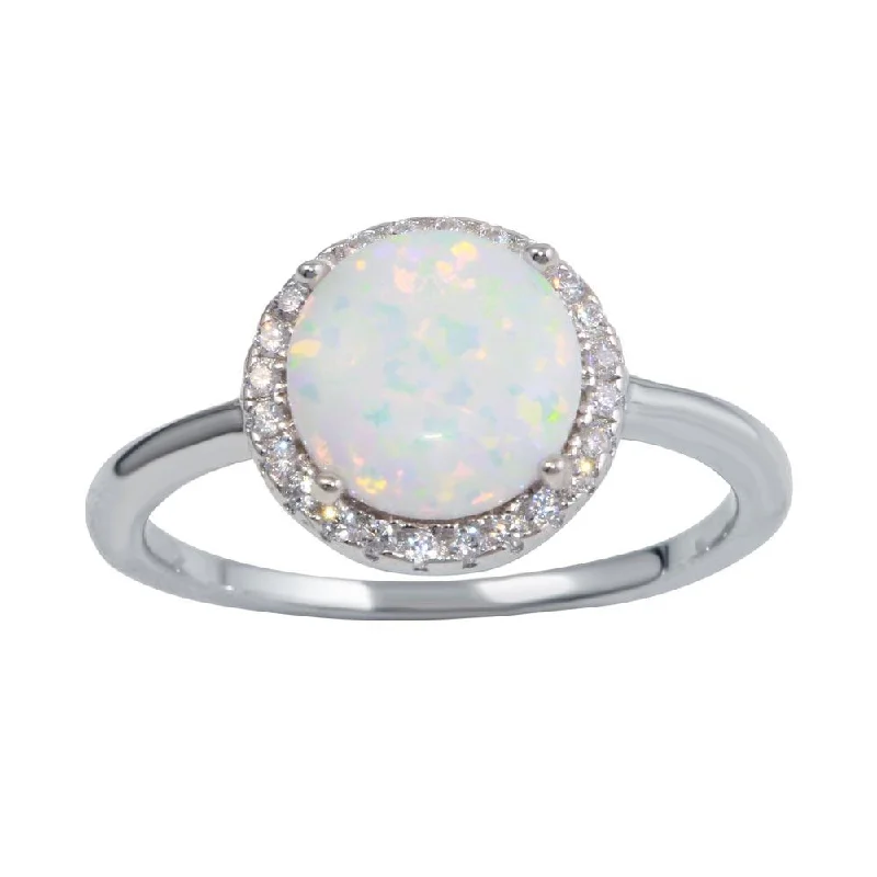 Unique Gemstone Engagement Rings-Rhodium Plated 925 Sterling Silver Round Opal Stone Ring with CZ - BGR01242