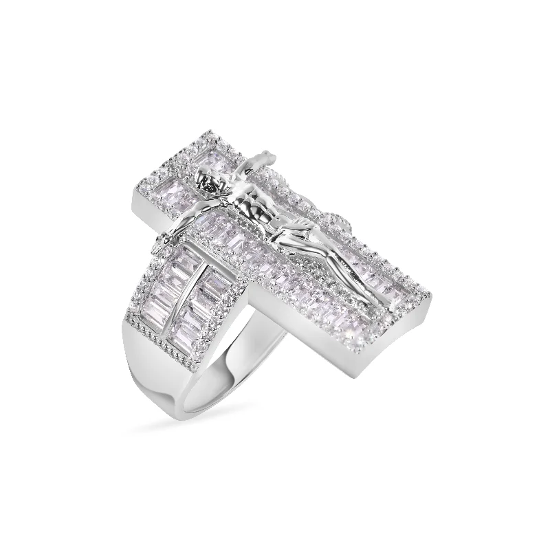 Personalized Engagement Ring Sets-Rhodium Plated 925 Sterling Silver Cross Baguette Cut Clear CZ 9.6mm Ring - GMR00380