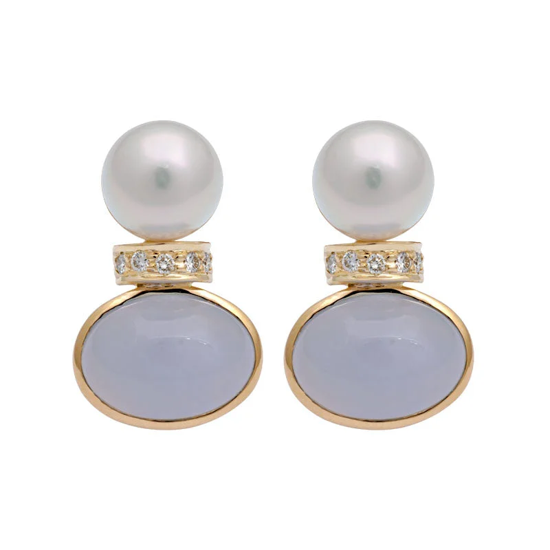 Clear Crystal Earrings-Earrings-Chalcedony, South Sea Pearl and Diamond