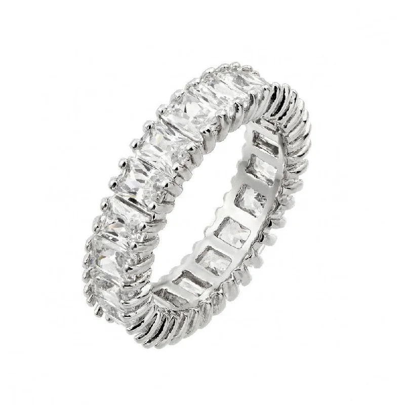 Sparkling Diamond Rings-Silver 925 Rhodium Plated Clear Rectangular CZ Eternity Ring - BGR00849