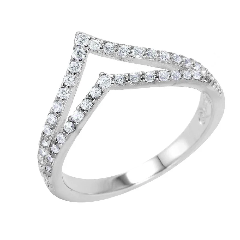 Custom Gemstone Wedding Bands-Silver 925 Rhodium Plated Clear Pave Set CZ Double Chevron Ring - BGR00948