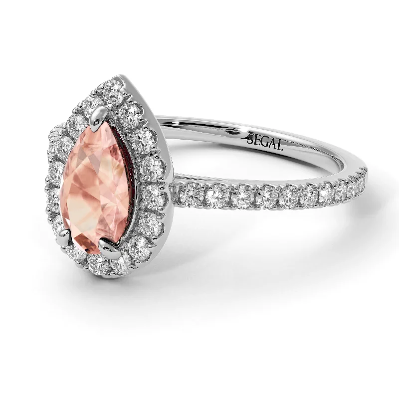 Trendy Silver Rings-Pear Shaped Halo Morganite Ring - Janet No. 903