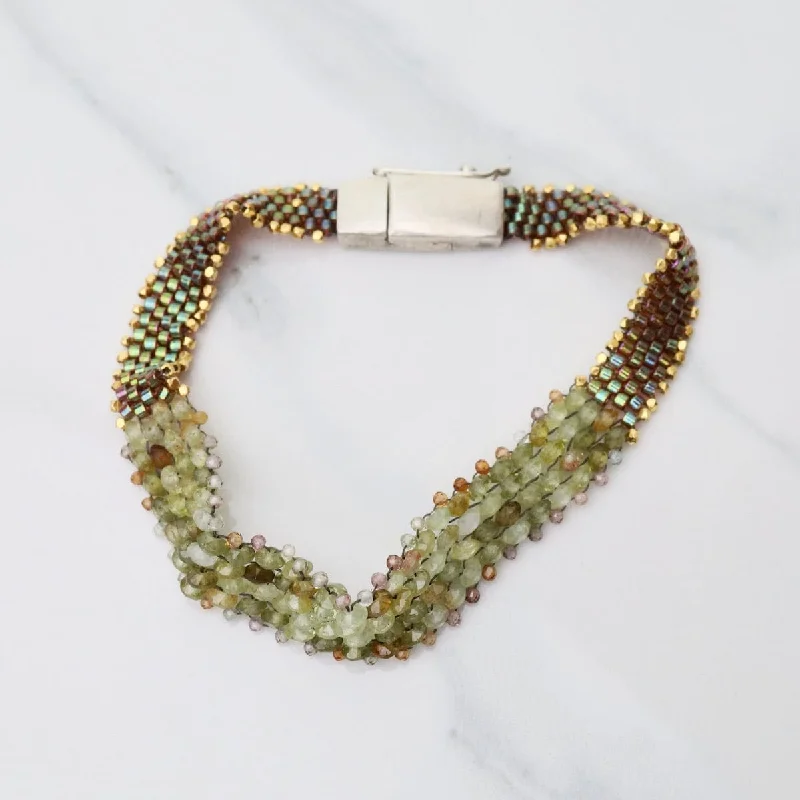 Elegant Gemstone Link Bracelets-Hand Woven Soft Bracelet of Green Garnet with Tiny Grey Sapphires