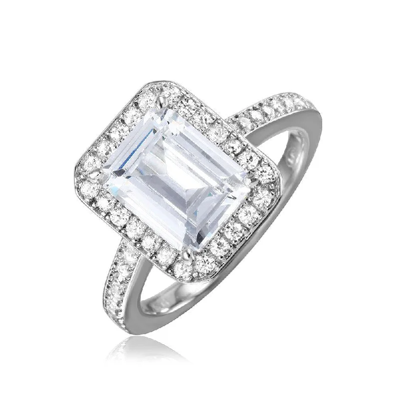 Luxury Gold Rings-Silver 925 Rhodium Plated Emerald Cut Halo Ring - GMR00082