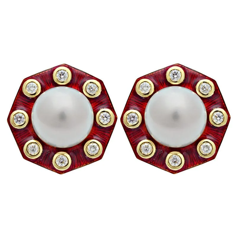 Gold Leaf Earrings-Earrings-South Sea Pearl and Diamond (Enamel)  (2105L)