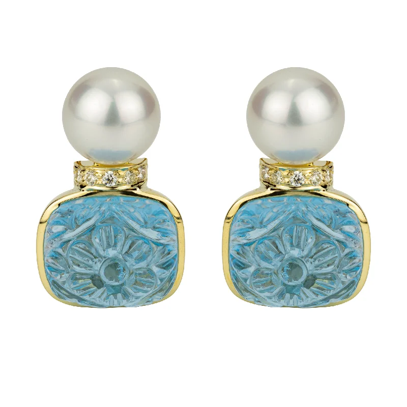 Trendy Drop Earrings-Earrings - Blue Topaz , South Sea Pearl And Diamond