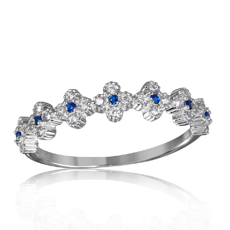 Bold Statement Wedding Rings-Silver 925 Rhodium Plated Clover Band with Blue CZ Stones - GMR00129S