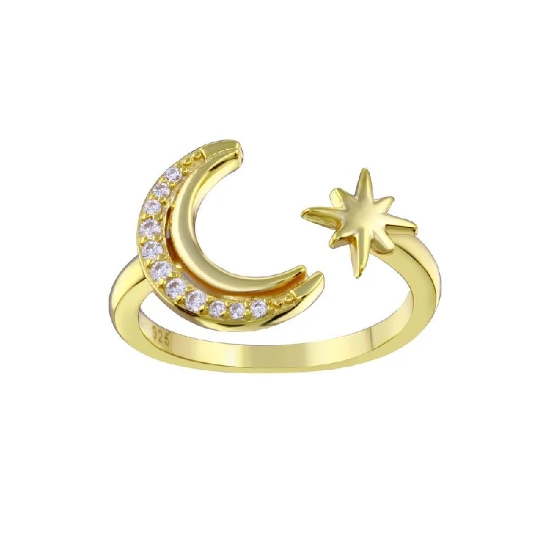 Classic Wedding Ring Sets-Gold Plated 925 Sterling Silver Cresent Moon and Star CZ Ring - STR01137GP