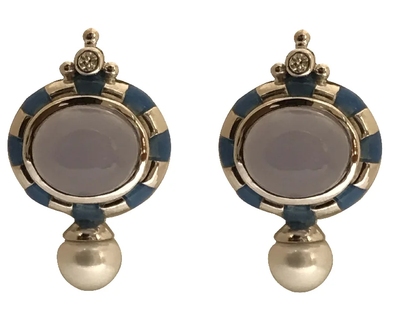 Unique Gemstone Earrings-Earrings - Chalcedony, Diamond and Pearl (Enamel) in Sterling Silver