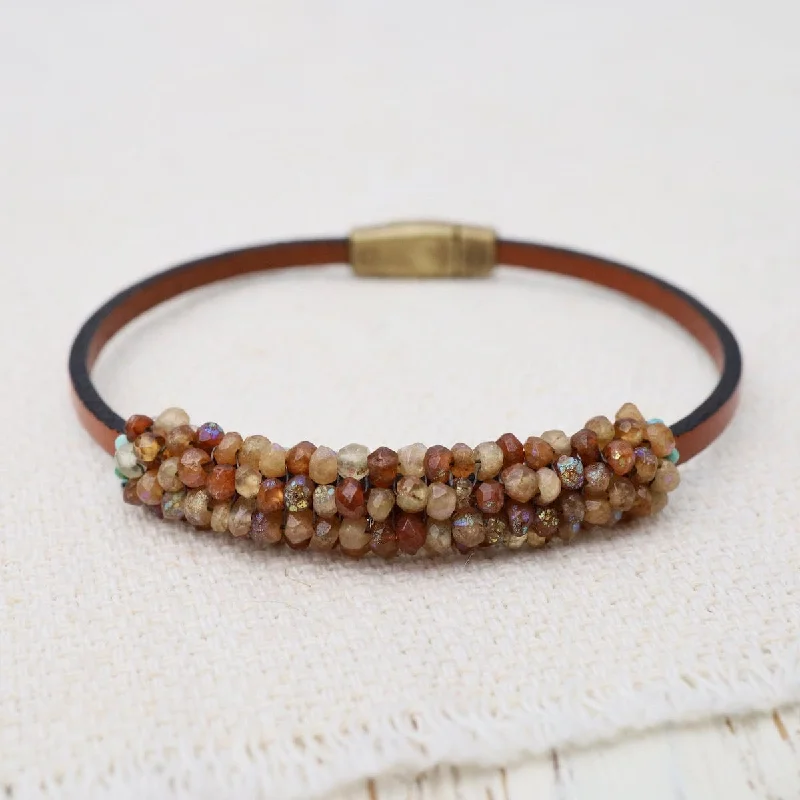 Chunky Bracelets for Women-Coated Sunstone & Turquoise on Tan Leather Bracelet