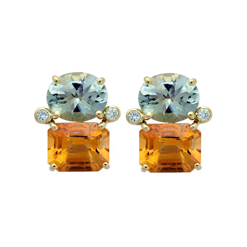 Antique Gold Earrings-Earrings-Green Quartz, Citrine and Diamond  (2143F)