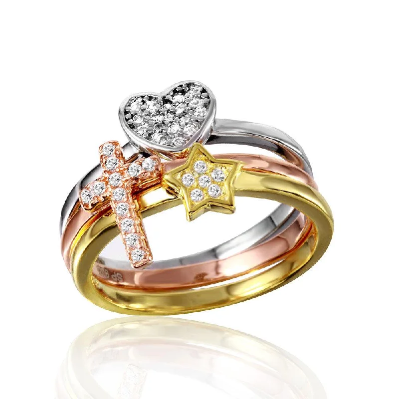 Colorful Wedding Rings-Silver 925 Rhodium 3 Toned Band with Cross Star Heart CZ Design - STR01058