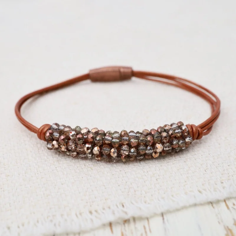 Bohemian Style Bracelets-Mixed Copper Crystals on Hand Tied Copper Leather Bracelet