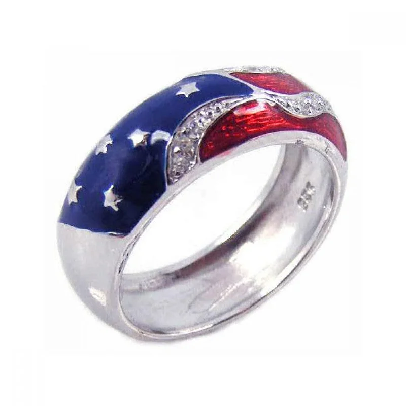 Designer Engagement Rings-Silver Rhodium Plated Red, White, and Blue Enamel Pave Set CZ America Ring - STR00473