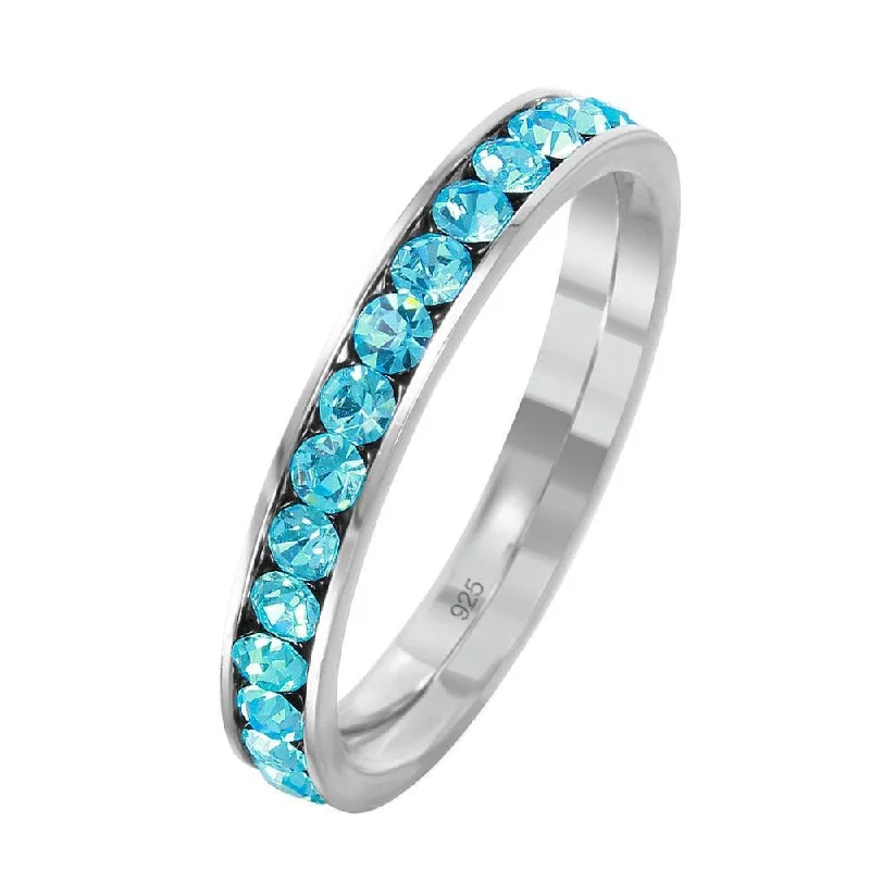 Simple Engagement Rings-Silver 925 Rhodium Plated Birthstone March Channel Eternity Band - ETRY-MAR