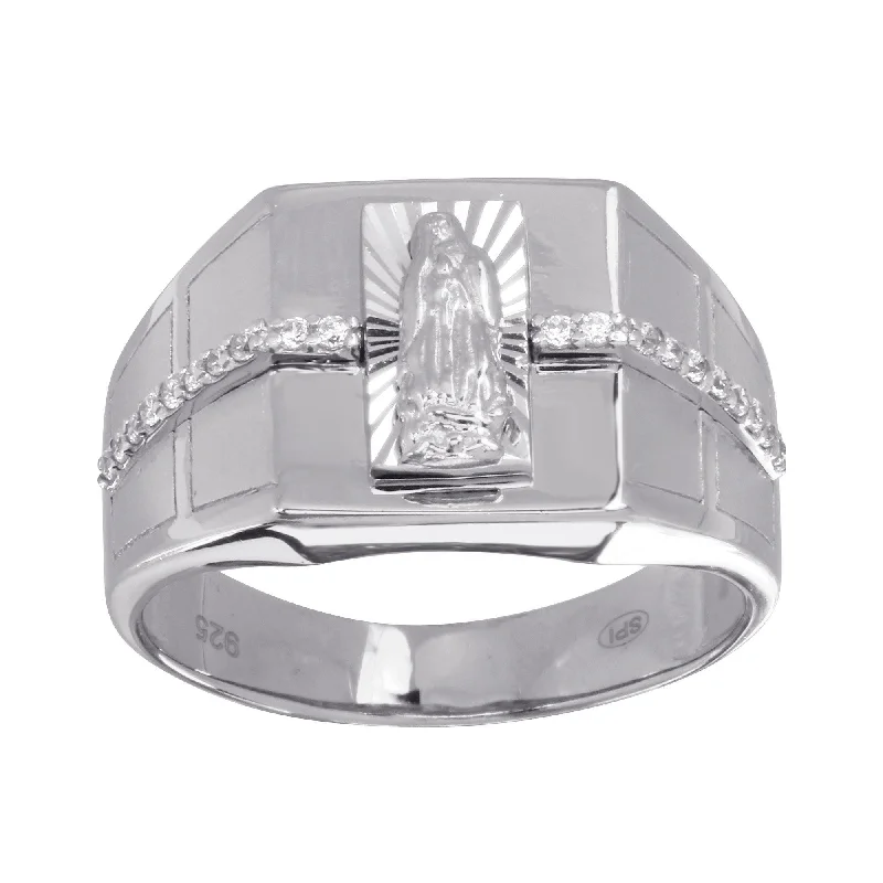 Dainty Gold Rings-Rhodium Plated 925 Sterling Silver Men's Lady of Guadalupe Ring with CZ - GMR00247RH