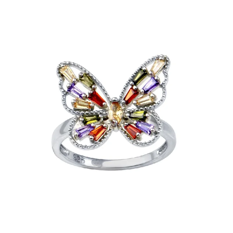 Antique Diamond Wedding Rings-Rhodium Plated 925 Sterling Silver Multi Color Baguette CZ Butterfly Ring - BGR01345