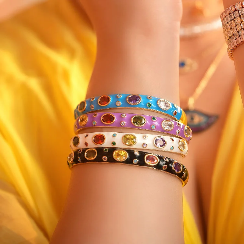 Gold Bangles with Colored Stones-Pastel Rainbow Bangle Cuffs