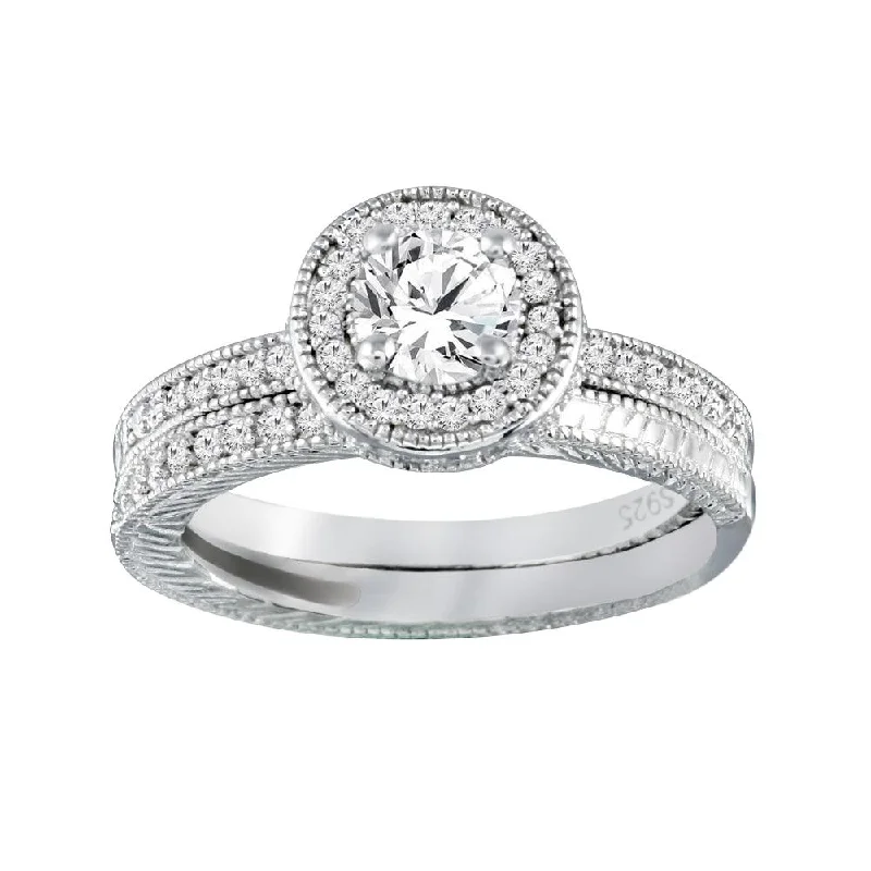 Stylish Gemstone Rings-925 Sterling Silver  Rhodium Plated Micro Pave CZ Engagement Ring Set - ACR00023