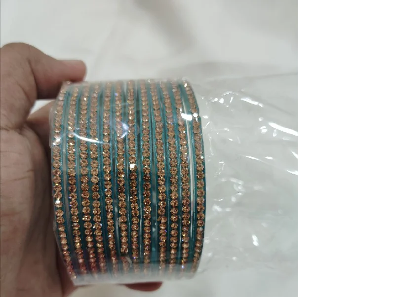 Classic Gold Wedding Bangles-Lovely Teal Green Color Glass Bangles With Golden Stones