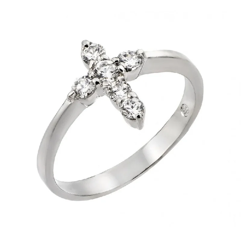 Luxury Wedding Rings for Women-Silver 925 Rhodium Plated Clear CZ Mini Cross Ring - BGR00768