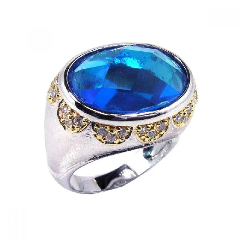 Unique Solitaire Rings-Clearance-Silver 925 Rhodium and Gold Plated Blue and Clear CZ Dome Ring - STR00323