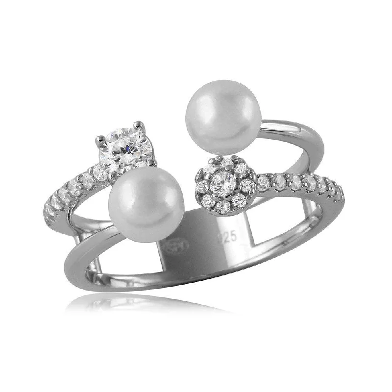 Modern Wedding Rings-Silver 925 Rhodium Plated 2 Row CZ and Synthetic Pearl Ring - GMR00131