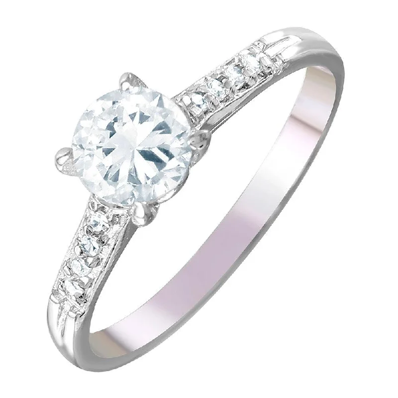 Classic Silver Engagement Rings-Silver 925 Rhodium Plated Round Center CZ Ring - STR00651