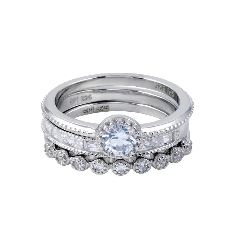 Elegant Silver Wedding Bands-Rhodium Plated 925 Sterling Silver CZ Stackable Ring Set - STR01126