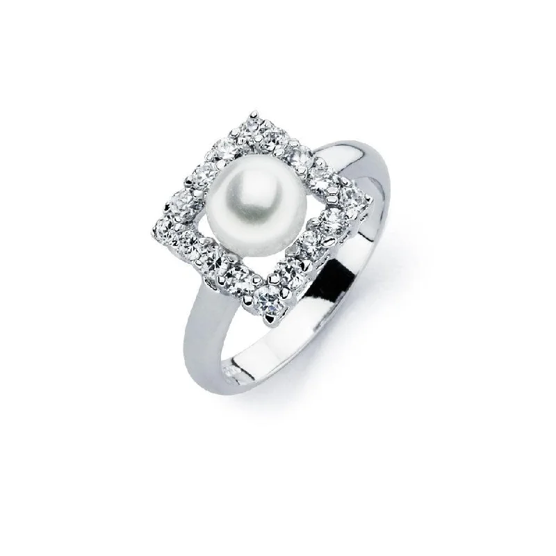 Silver Engagement Rings-Silver 925 Rhodium Plated Fresh Water Pearl Center Clear Square CZ Ring - BGR00584