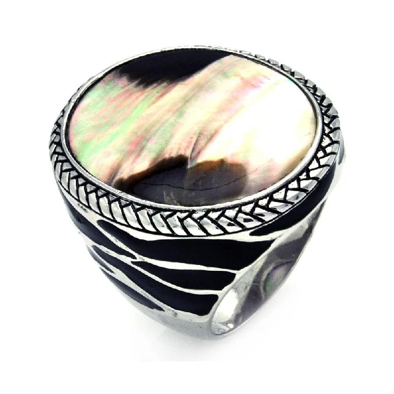 Customizable Bridal Rings-Clearance-Silver 925 Rhodium Plated Black Enamel Dark Mother of Pearl Cigar Band Ring - STR00846