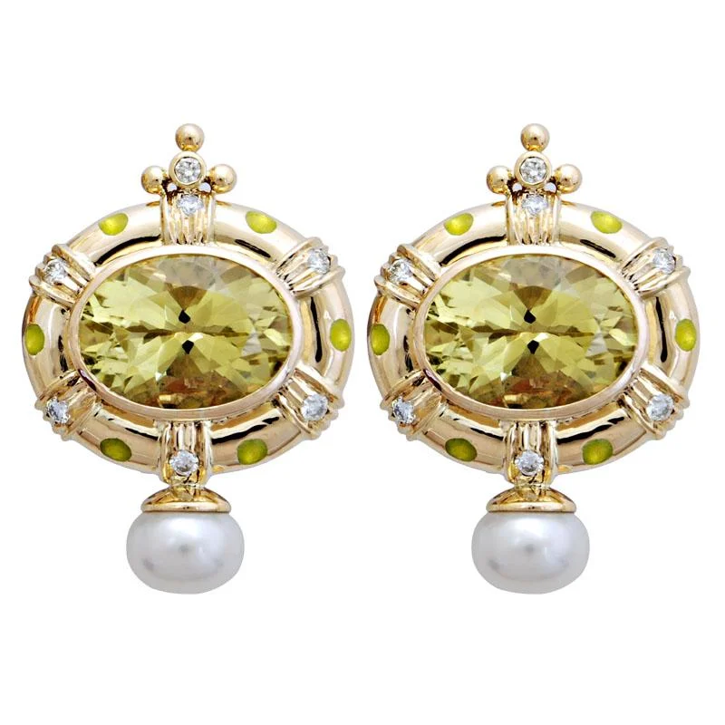 Fashionable Pearl Earrings-Earrings-Lemon Quartz, Pearl and Diamond (Enamel)  (1776B)