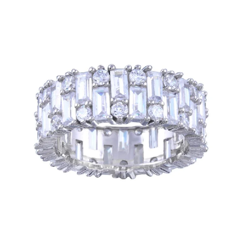 Diamond Engagement Rings-Rhodium Plated 925 Sterling Silver CZ Baquette Band Ring  - STR01143