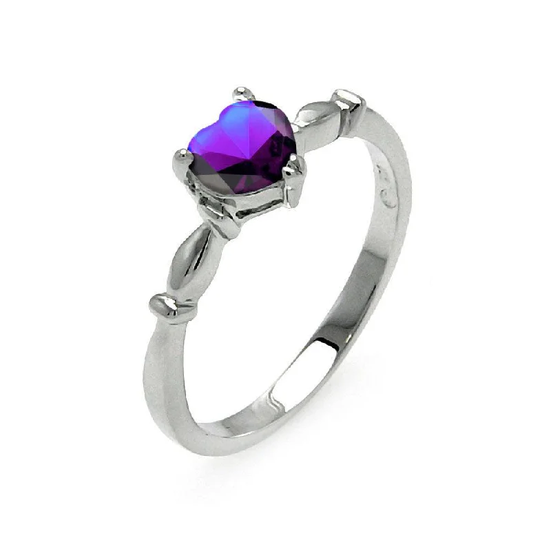 Adjustable Wedding Bands-Rhodium Plated 925 Sterling Silver CZ Heart Purple February Ring - BGR00521FEB