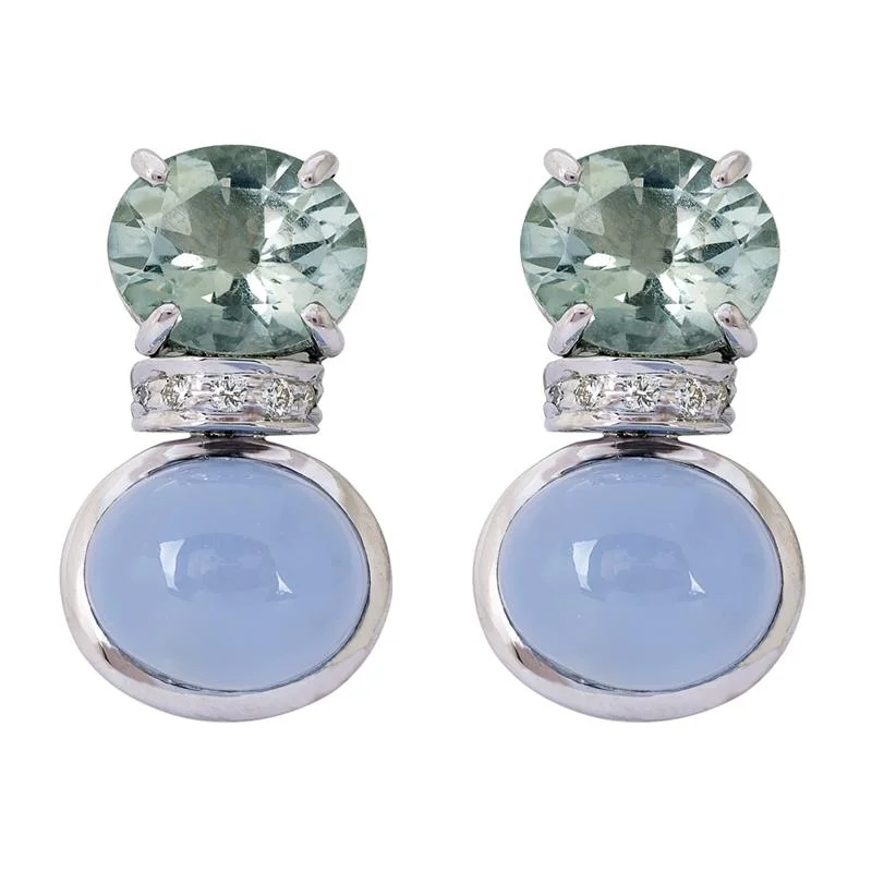 Elegant Gemstone Earrings-Earrings- Chalcedony, Green Quartz and Diamond  (264FS)