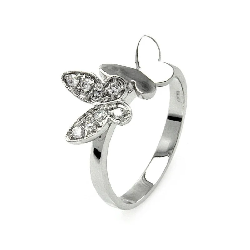 Colorful Engagement Rings-Silver 925 Rhodium Plated Clear Pave Set CZ Double Butterfly Ring - BGR00538