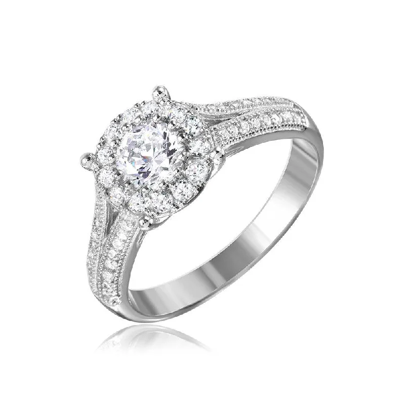 Bridal Engagement Ring Sets-Silver 925 Rhodium Plated Halo Ring Encrusted with Micro Pave - GMR00084