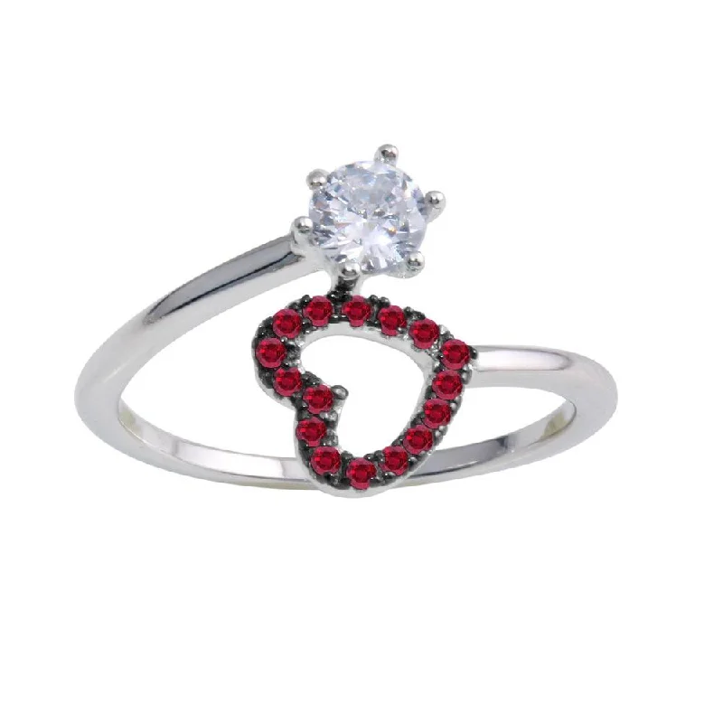 Elegant Gold Rings-Rhodium Plated 925 Sterling Silver Open Heart Ring with Red and Clear CZ - BGR01221RED