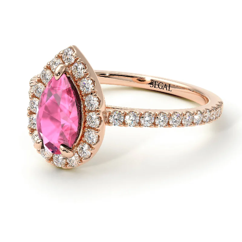 Gold and Silver Rings-Pear Shaped Halo Pink Moissanite Ring - Janet No. 802