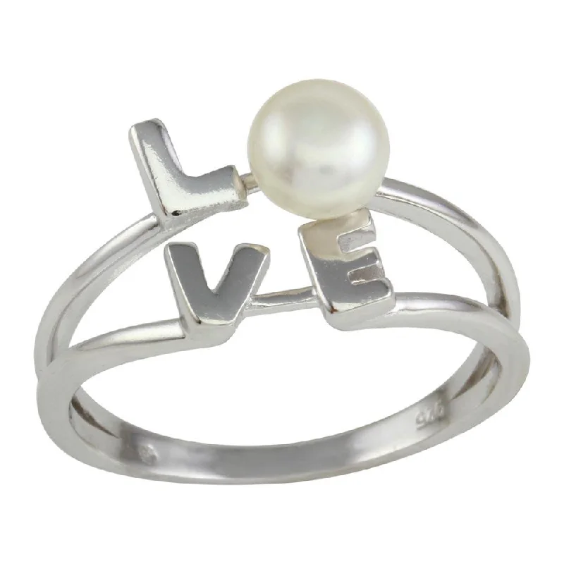 Adjustable Diamond Rings-Rhodium Plated 925 Sterling Silver Love Word Ring with Synthetic Pearl - BGR01136