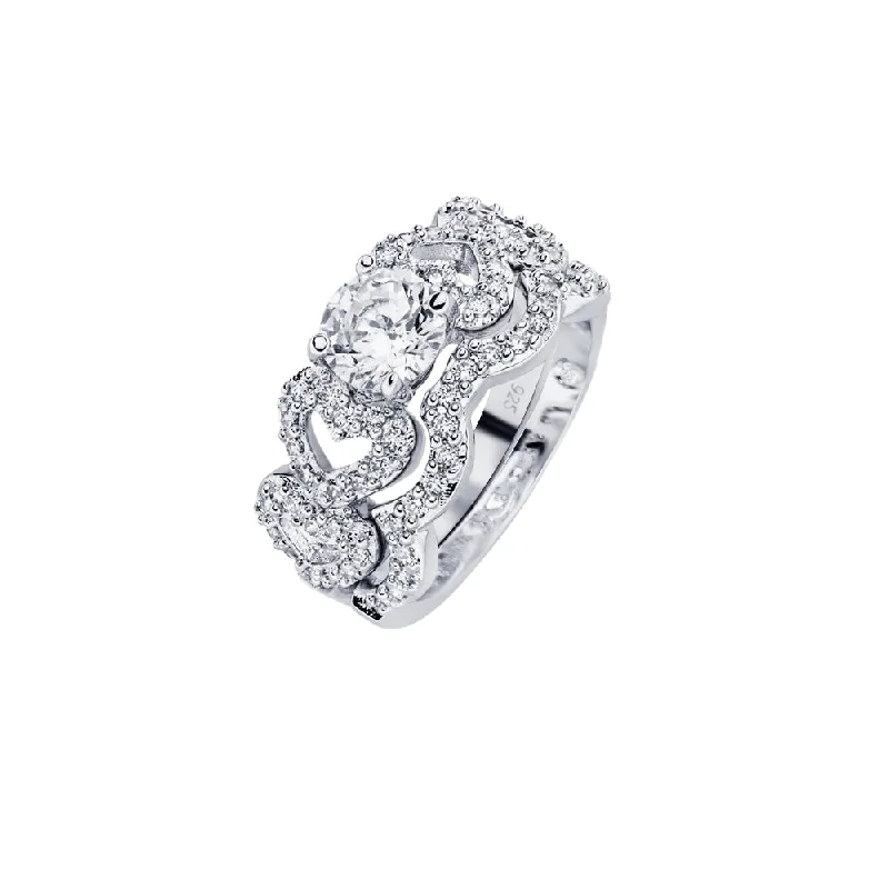 Handcrafted Diamond Rings-Silver 925 Rhodium Plated Round Clear Center CZ Heart Bridal Ring - BGR00578