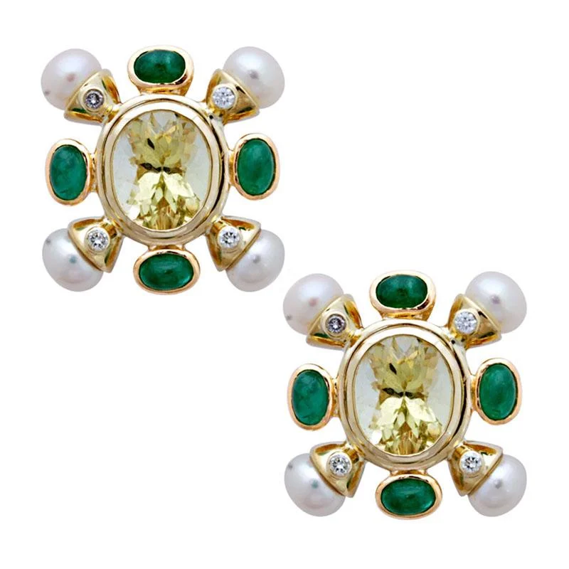 High-Quality Gold Earrings-Earrings-Lemon Quartz, Emerald, Pearl and Diamond  (1831I)