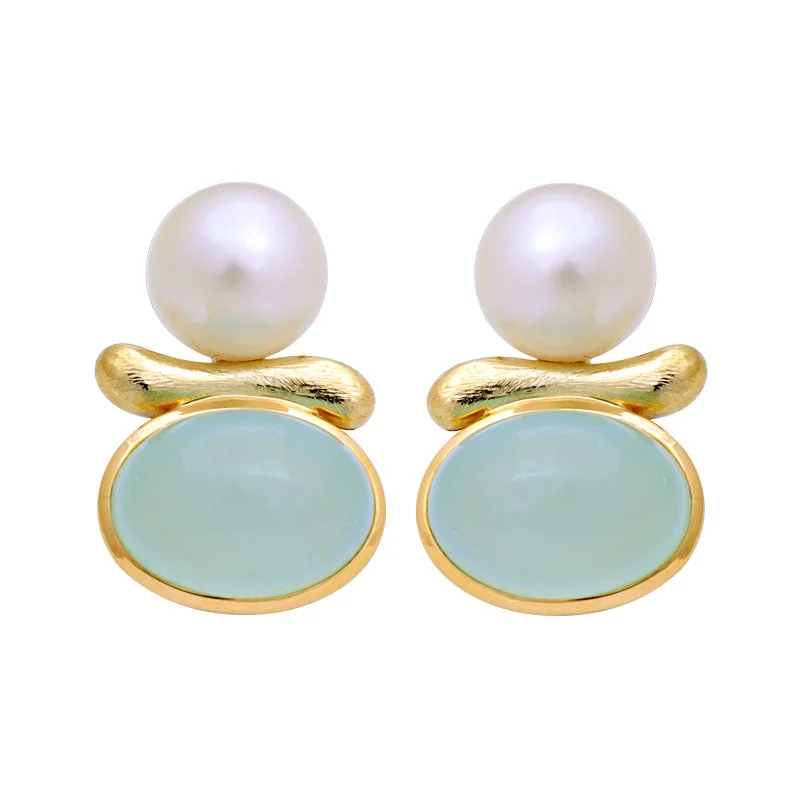 Crystal Stud Earrings-Earrings-Chalcedony and South Sea Pearl