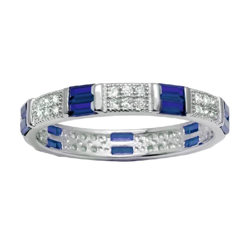 Solitaire Diamond Rings-Rhodium Plated 925 Sterling Silver Pattern Eternity Ring with Blue and Clear CZ - BGR01177BLU