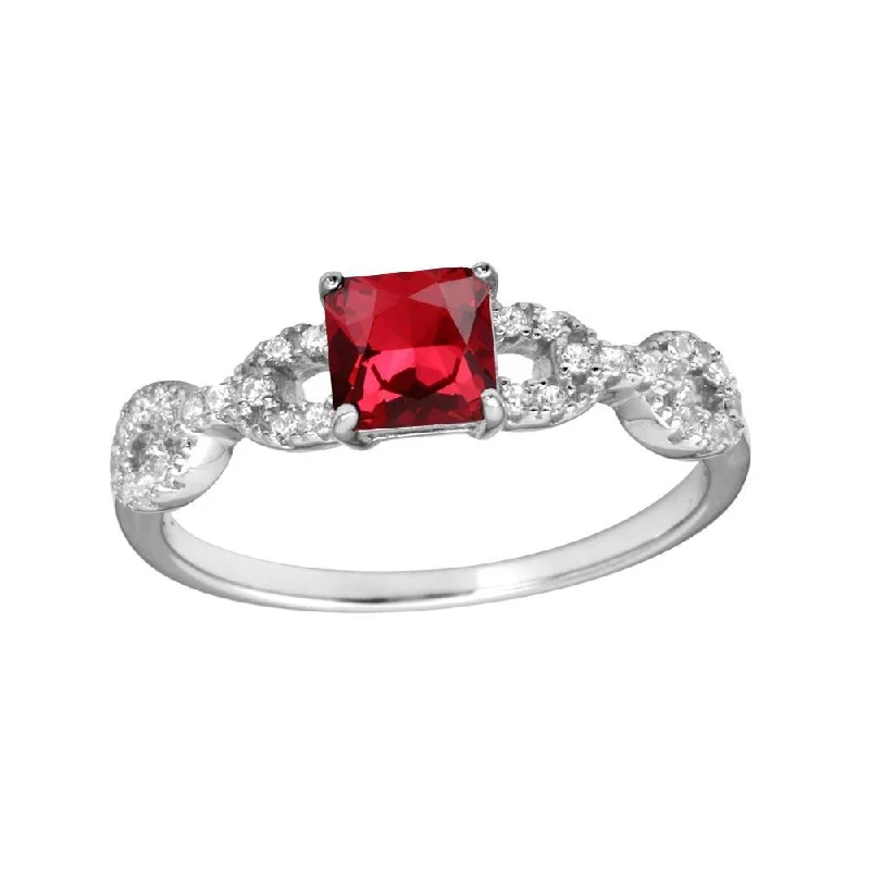 Antique Style Wedding Rings-Rhodium Plated 925 Sterling Silver Square Red CZ Center Stone Chain Design Shank Ring - BGR01225RED