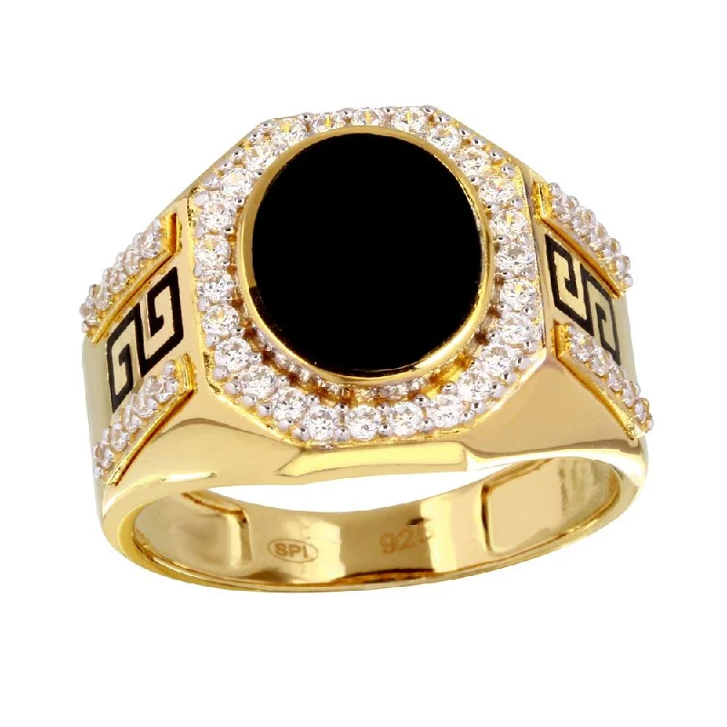 Customizable Rings for Women-Gold Plated 925 Sterling Silver Men's Flat Oval Onyx Ring with CZ - GMR00250GR