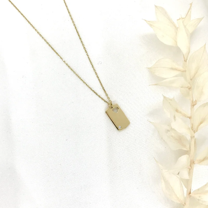 Long Crystal Necklaces-10k Yellow Gold Dog Tag with Heart-Cut out and CZ Necklace